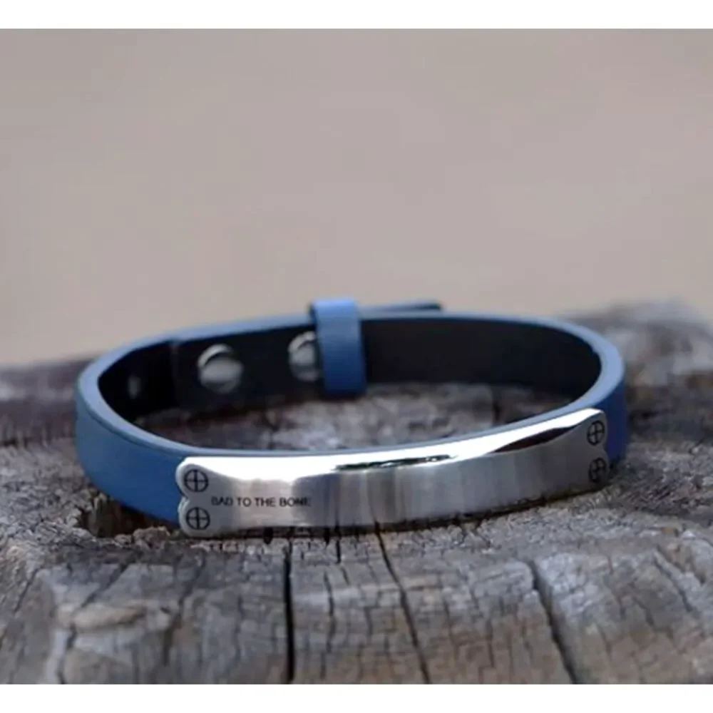 Men's Genuine BLUE Leather BAD TO THE BONE Adjustable Bracelet